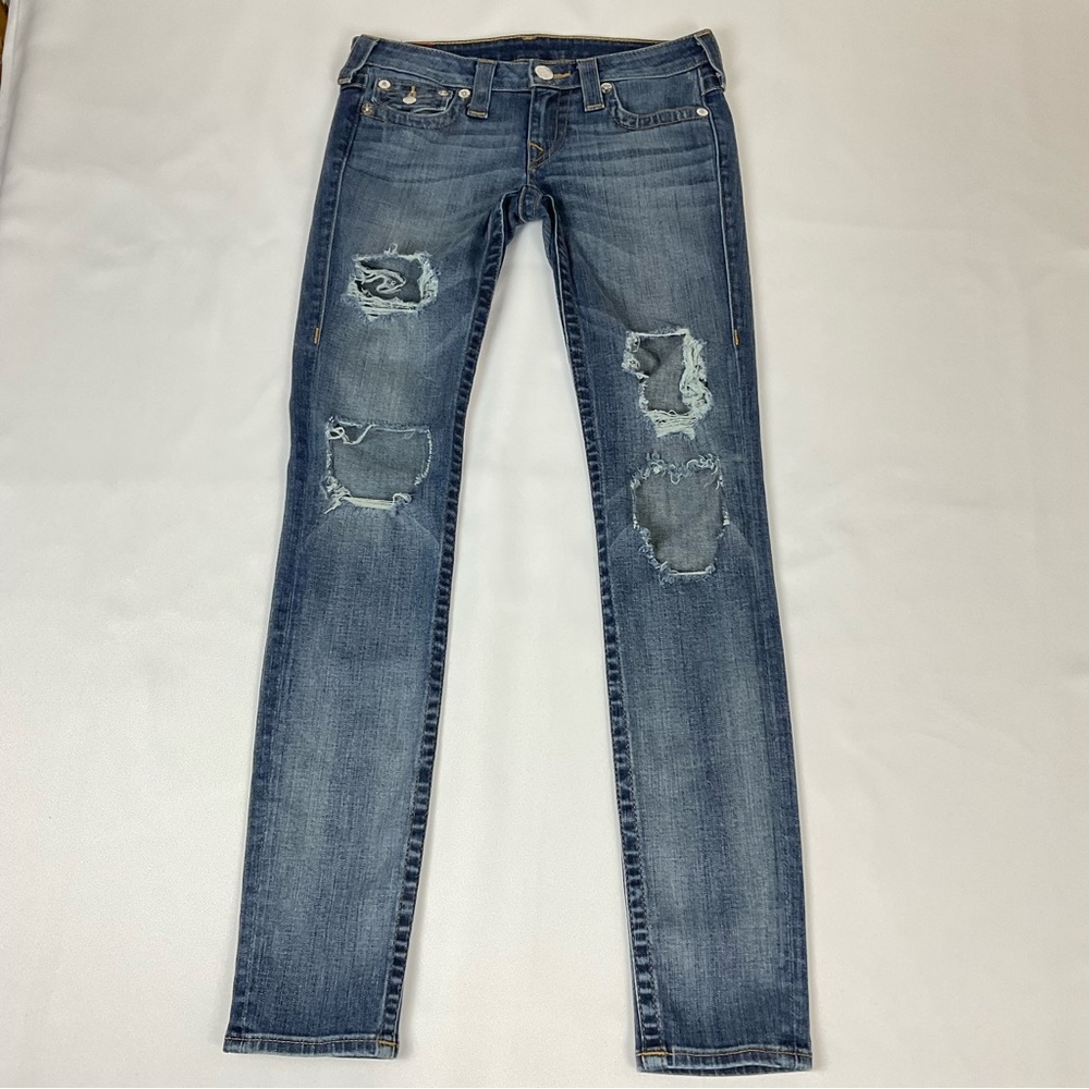 True Religion Womens 27 low rise stretch distressed destroyed blue jeans